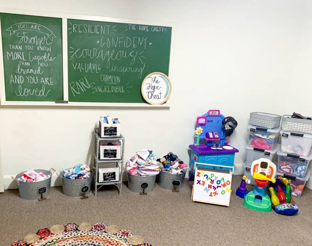 room with bins and toys for foster care families